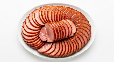 Top view of glazed ham slices arranged in a circle on white plate, showcasing food preparation, delicious meal or culinary presentation