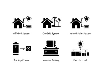 Off Grid System On Grid System Hybrid Solar System Backup Power Inverter Battery Icon Set