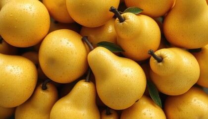 A close-up, high-angle view of a vibrant, sun-kissed harvest of ripe, golden yellow pears glistening with fresh water droplets, creating a refreshing and abundant display