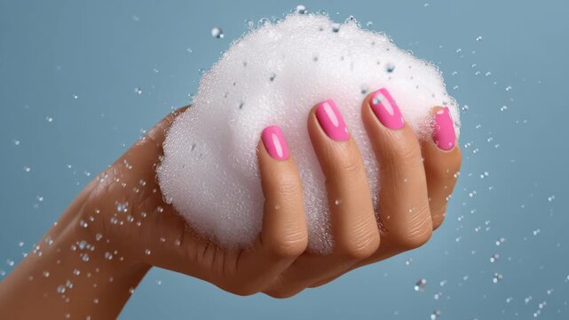 Hand holding fluffy soap suds, showcasing vibrant pink nails, as bubbles burst and scatter, creating a playful atmosphere, with a gradual zoom in on the hand and soap texture