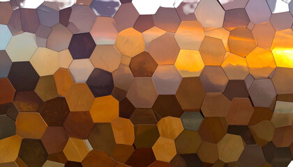 Abstract hexagonal mosaic of warm colors depicting a sunset or sunrise