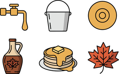 Minimalist maple syrup and pancake icon set featuring taps, buckets, maple leaves, and breakfast elements in simple flat line-art style