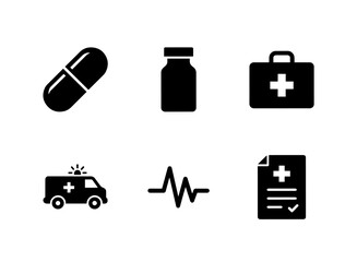 Pill Medicine Bottle First Aid Kit Ambulance Heartbeat Medical Report Minimal Icon Set