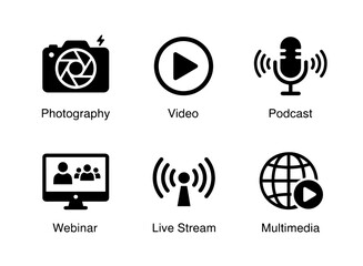 Photography Video Podcast Webinar Live Stream Multimedia Minimal Black Fill Icon Set