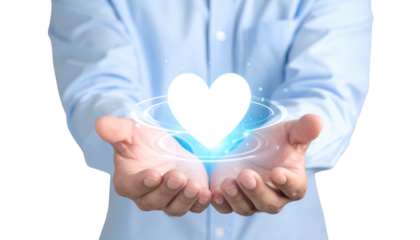 Human hands cupped, holding a glowing white heart shape, with blue light effect
