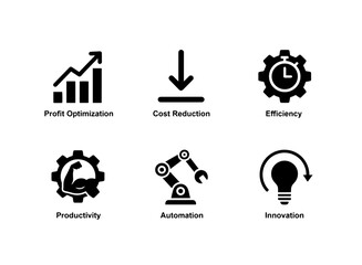 Profit Optimization Cost Reduction Efficiency Productivity Automation Innovation Minimal Icon Set