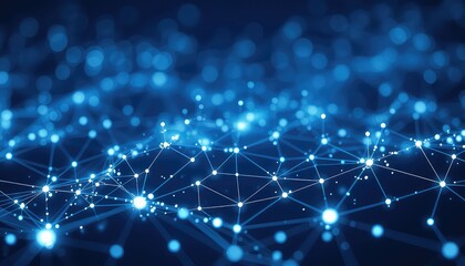 Glowing interconnected nodes forming a digital network with a deep blue gradient background