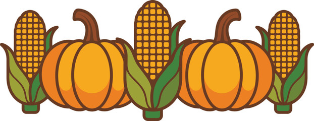 Autumn harvest border illustration with pumpkins and corn in simple flat style, fall season vegetable design for Thanksgiving decor