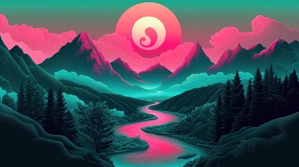 Pink sunset over river valley, mountains, and forest; serene nature scene, ideal for meditation or travel