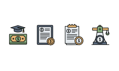 Naklejka premium Collection of Finance and Education Themed Icons, Including a Graduation Cap, Financial Documents, Clipboard, and Money Hoist