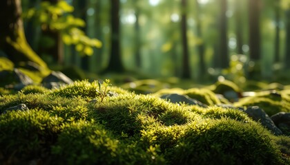 Sunlight Illuminates Lush Green Moss Blanketing the Forest Floor Amongst Ancient Trees