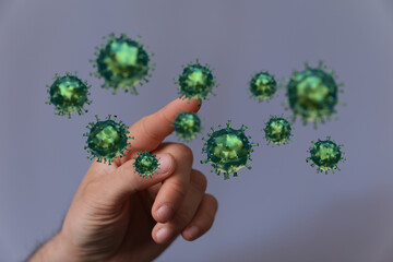 3D render of a hand with a finger touching multiple digitally rendered coronavirus spheres. Medical and health