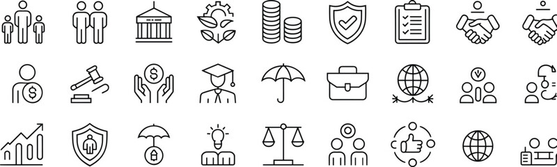 Business, finance, legal protection, global communication, teamwork, investment, insurance, growth, leadership, partnership icons representing security, success, consultancyBusiness, finance, legal 