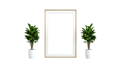 Tall gold-framed blank artwork centered between two potted green leafy plants against black