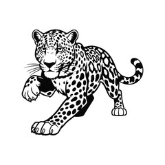 Brave leopard cartoon character hunting pose silhouette, vector art