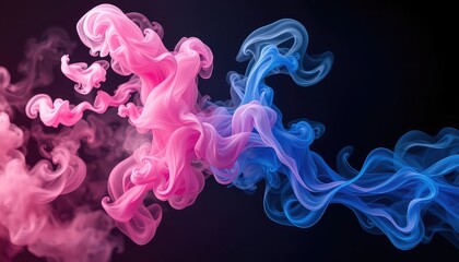 Ethereal wisps of pink and blue smoke dance and intertwine in a dark, abstract void