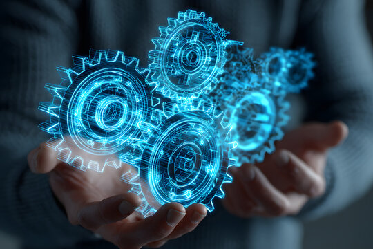 Mechanical engineer visualizing hologram gear mechanism