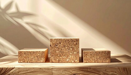Three Natural Cork Pedestal Stands on a Textured Wooden Surface Casting Soft Shadows