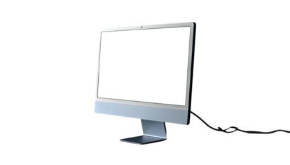 Modern, sleek all-in-one desktop computer with a blank white screen, isolated on black