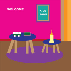 Pink baby room. Adobe illustrate Design  Realistic vector interior kids bedroom. Indoor children table, chair, frame and toy. Background illustration kindergarten play room.