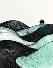 Abstract Green and Black Rolling Hills Landscape with Single Tree Silhouette