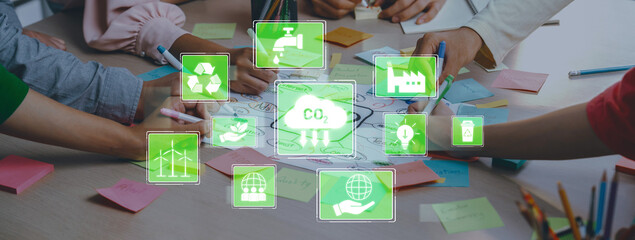 Engaging workshop focused on environmental sustainability, featuring diverse hands collaborating with icons representing eco-friendly practices and renewable energy solutions. Trope