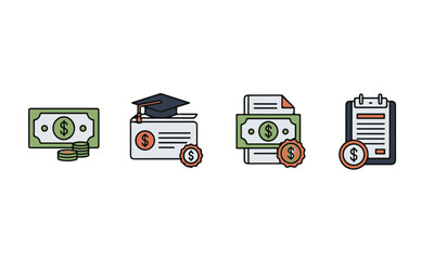Obraz premium Financial Education and Planning Icons Money, Scholarship, Investment, and Budget Illustrations for Business