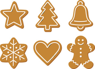 Gingerbread cookie icons featuring star, tree, bell, snowflake, heart, and gingerbread man, perfect for Christmas, holiday decor, baking, and festive designs