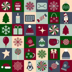 Christmas icons with geometric seamless pattern, abstract holiday set.