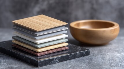Naklejka premium Stacked Material Samples on Marble Base with Wooden Bowl Background Interior Design Elements