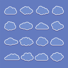 Vector icons of dreamy blue clouds on blue background.