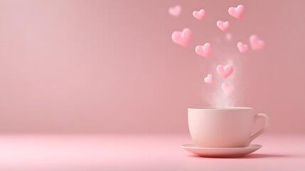 Steaming Coffee Cup with Floating Hearts on Pink Background, Valentine's Day Concept