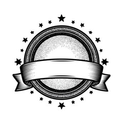 Vintage Monochrome Circular Emblem with Blank Ribbon Banner and Stars, Hand-Drawn Retro Engraving Style Badge, Award Label