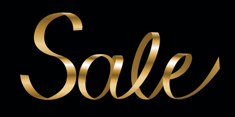 Sale text in golden ribbon on black background. Luxurious trendy gold lettering word perfect for title or header, gift card, banner.