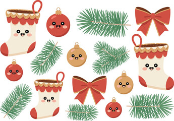 Kawaii Christmas illustration set featuring cute stockings, ornaments, bows, and pine branches, perfect for holiday décor, festive designs, scrapbooking, and crafts