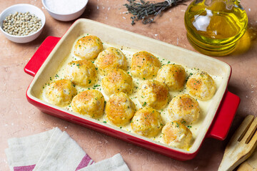 Chicken meatballs in a creamy sauce. Italian cuisine. Recipe.