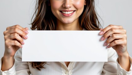 Mature business leader in doubt woman ceo showing blank sheet office environment confident viewpoint