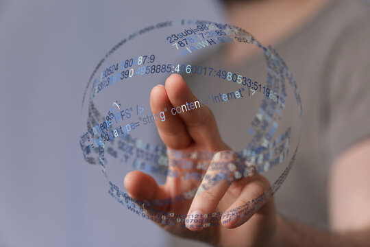 Abstract conceptual image of a hand holding a data sphere. Depicting cloud computing, networking, and digital technology. Perfect for - Powered by Adobe