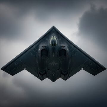 B-2 Spirit Stealth Bomber Flying Against a Cloudy Sky.