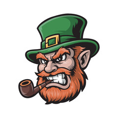 Mascot head of an evil leprechaun with a pipe. Vector illustration on a white background.