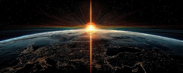 Light beams over Earth from space create vibrant cosmic sunrise and global connectivity image
