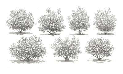 Fototapeta premium A collection of hand drawn botanical illustrations of various leafy trees and bushes in a sketchy artistic style on a white background