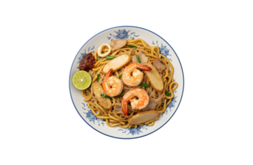 Noodles fried with prawns and fish cake against a white backdrop

