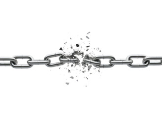 Fototapeta premium Breaking Metal Chain Links Exploding on Dark Background on white background