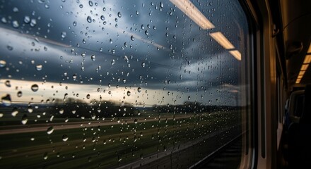 Rainy day view from a train window with dramatic clouds and a glimpse of the landscape.