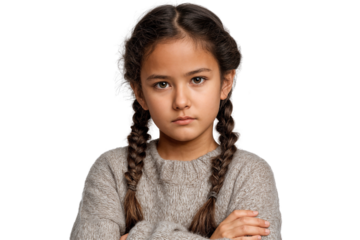 Portrait of a serious young girl with braided pigtails, arms crossed, wearing a grey knitted sweater isolated on transparent background
