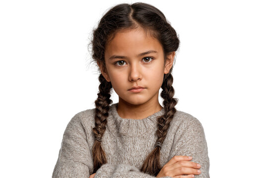 Portrait of a serious young girl with braided pigtails, arms crossed, wearing a grey knitted sweater isolated on transparent background