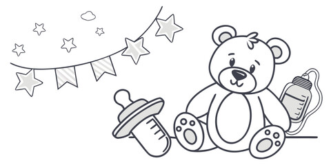 “Baby announcement SVG, cute pastel outline icons, teddy bear, stars, pacifier, modern minimal nursery design.”
