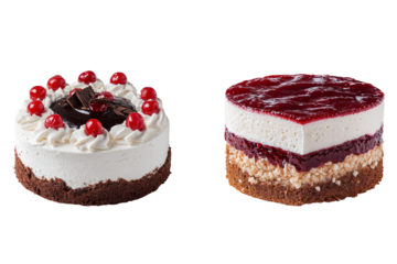 Two whole cakes, a decorated Black Forest with cherries and chocolate, and a layered heart-shaped berry cheesecake, isolated on white background