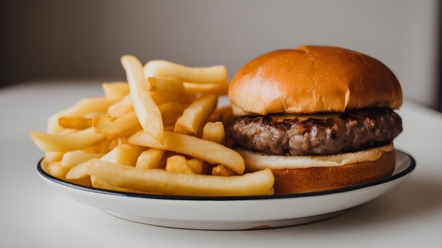 Classic beef burger and french fries on a plate - Powered by Adobe
